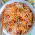 Sausages and spaghetti with vegetables